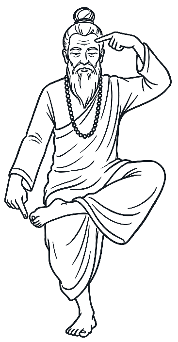 The Punmantou guru, one finger to his head and one to his toe