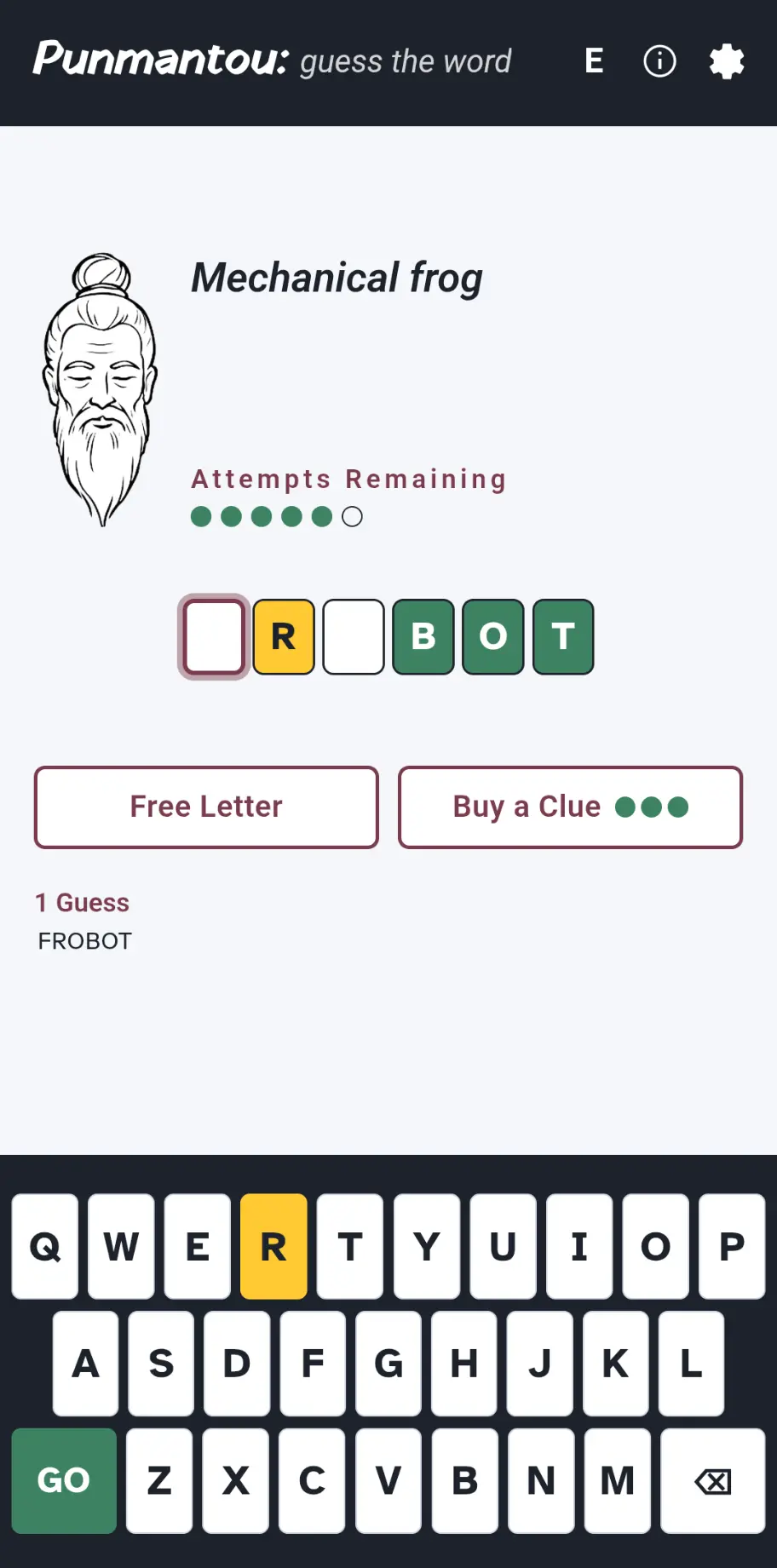 Punmantou on a phone, mid-puzzle: the guru's clue Mechanical frog above the tiles, with the keyboard below